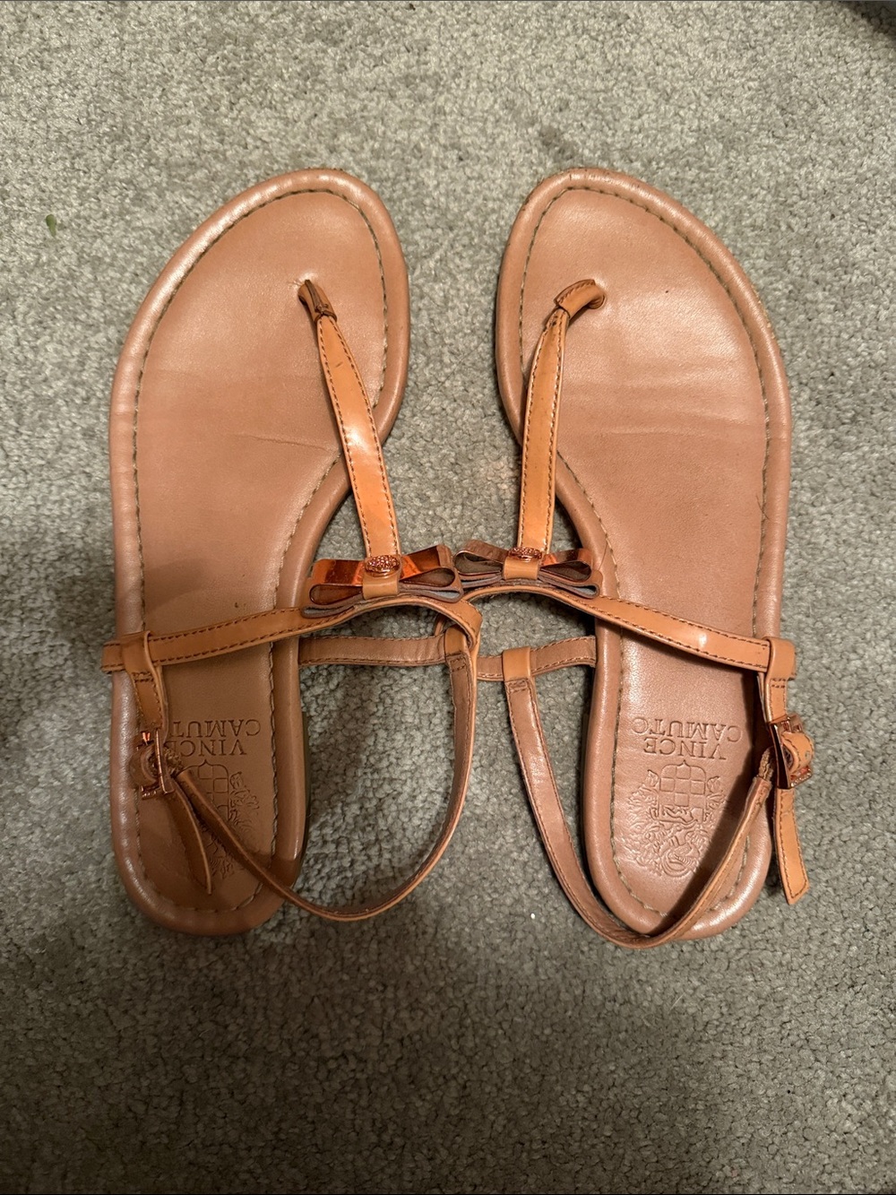 Vince Camuto Cognac Leather Bow T-Strap Sandals
